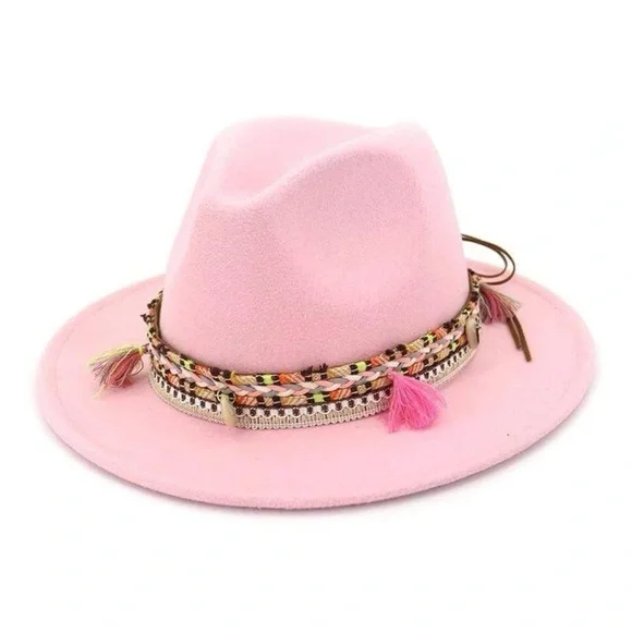 Pink Felt Hat with Pom Pom band. So fun. So unique. Removable band. Fedora - Picture 2 of 4